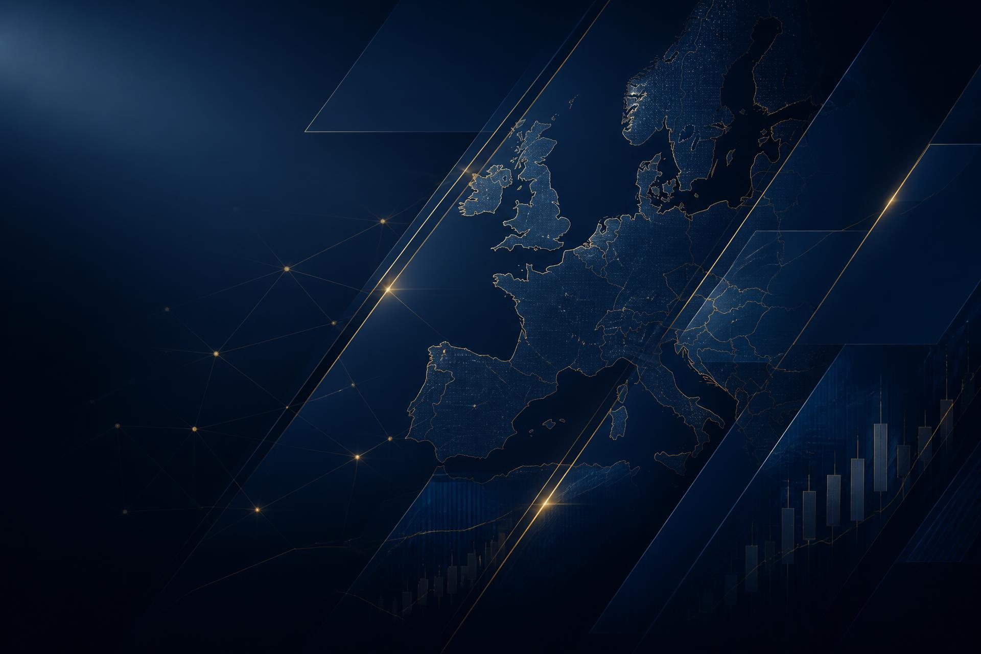 Rete finanziaria digitale sopra la mappa dell'Europa
